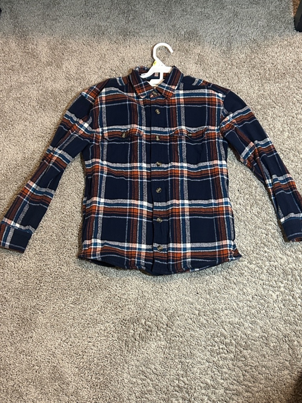 Abercrombie & Fitch Navy Plaid Button-Down Shirt with Brown & White Stripes